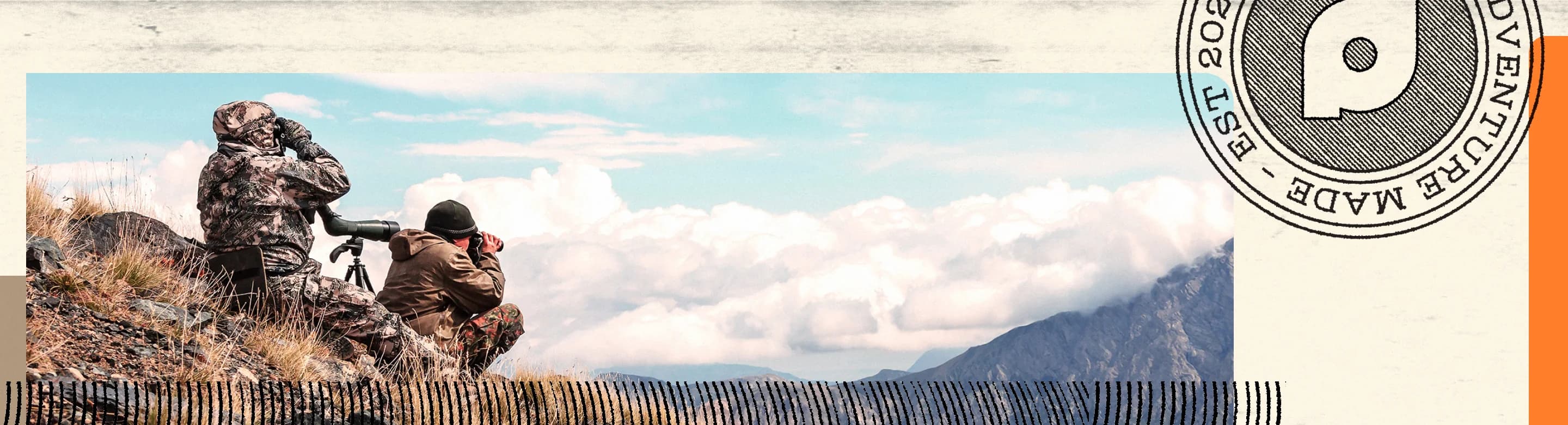 Two hunters glassing the landscape with binoculars and spotting scopes in mountainous terrain