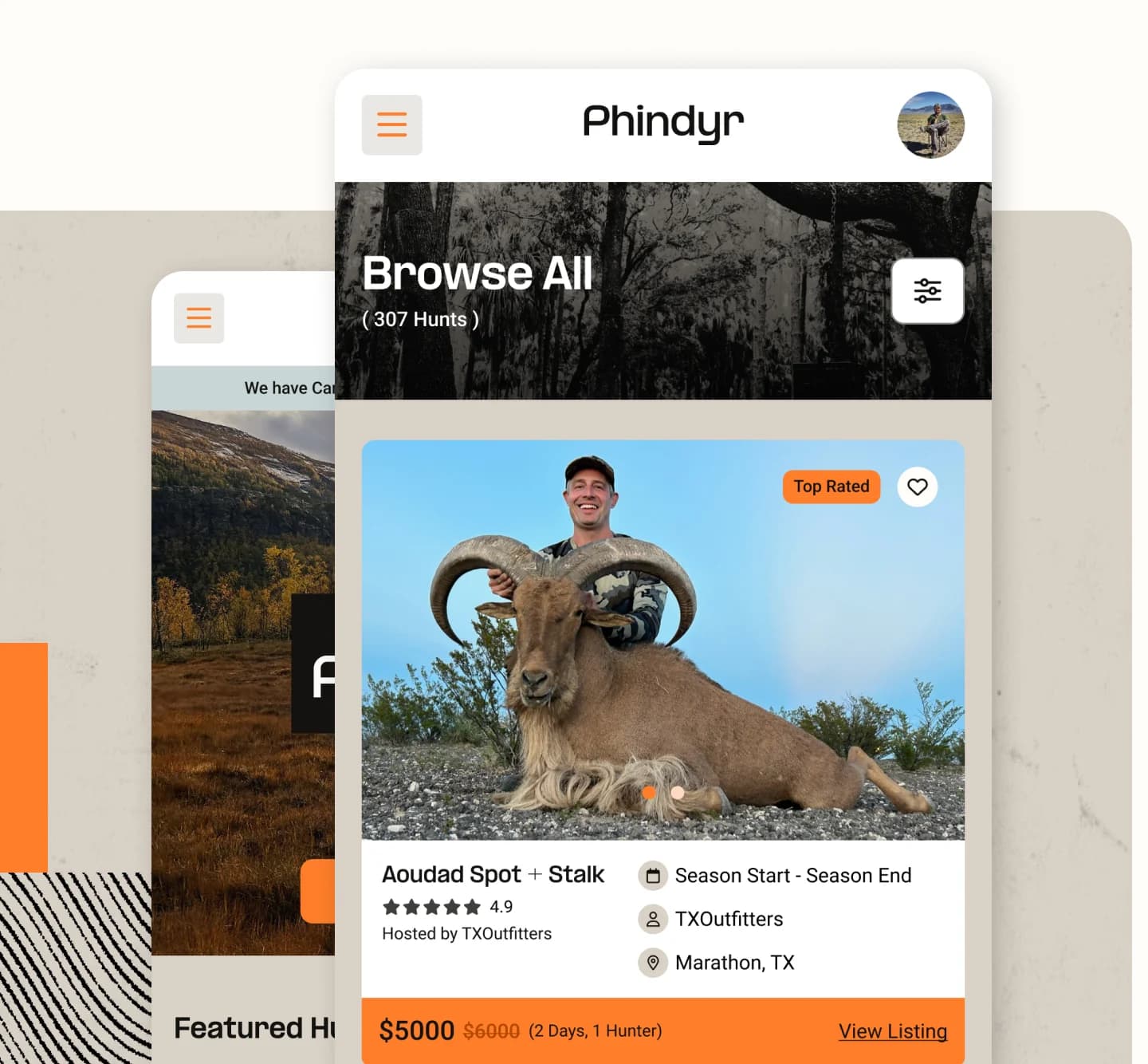 Phindyr mobile app showing guide profile with trip listings and outdoor adventure photos