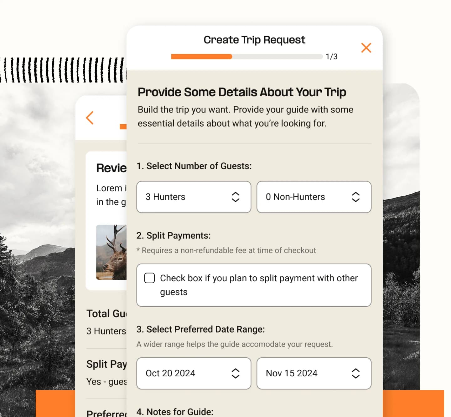 Booking interface showing trip details, calendar availability, and payment options for hunting guides