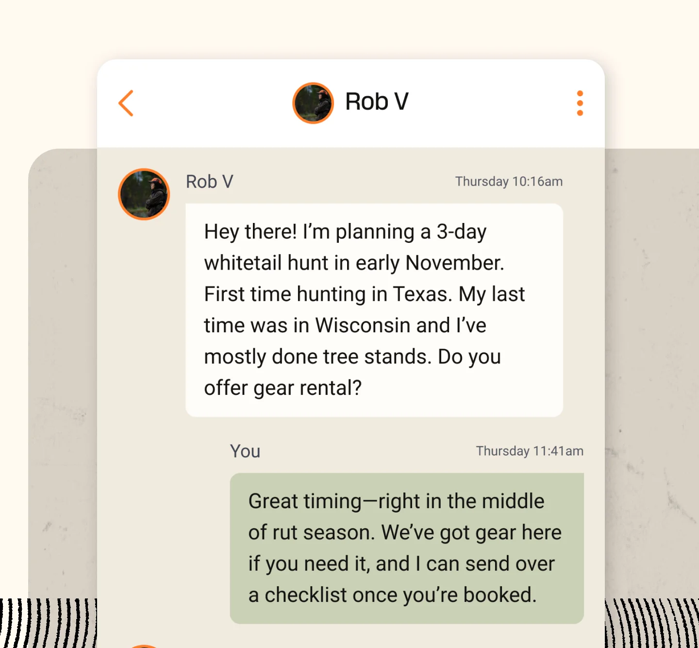 Mobile chat interface showing conversation between guide and hunter planning a hunting trip
