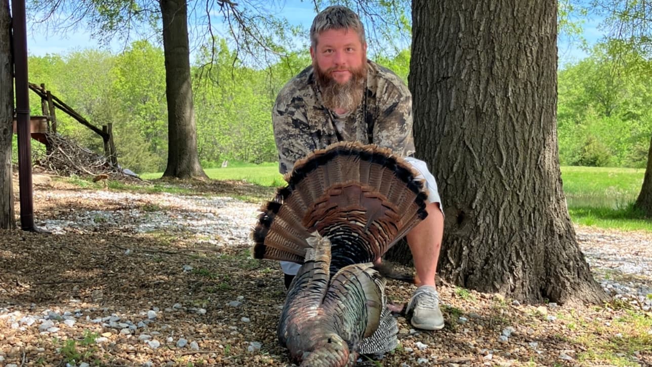 Man in camouflage holding a fanned-out turkey.