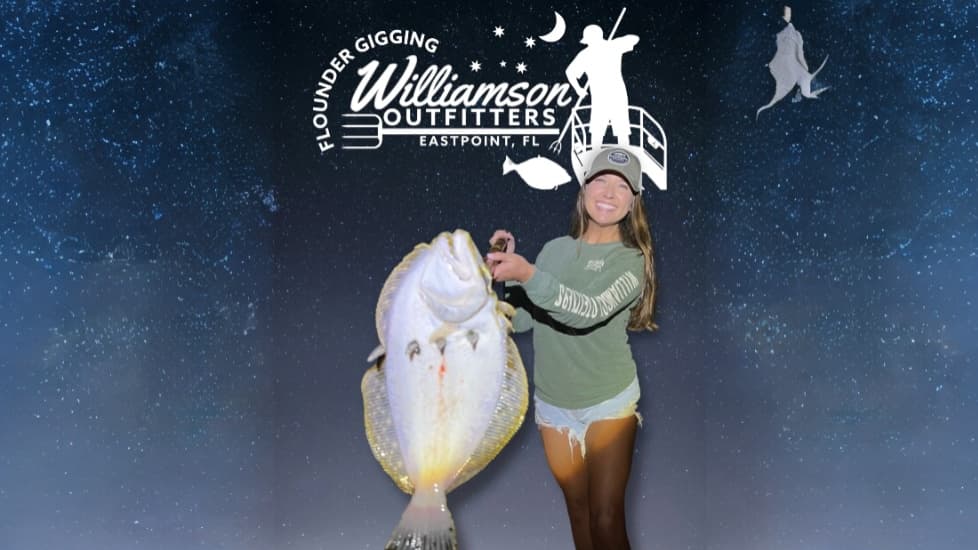 Woman holding large flounder fish, standing in front of starry night sky background with Williamson Outfitters logo.