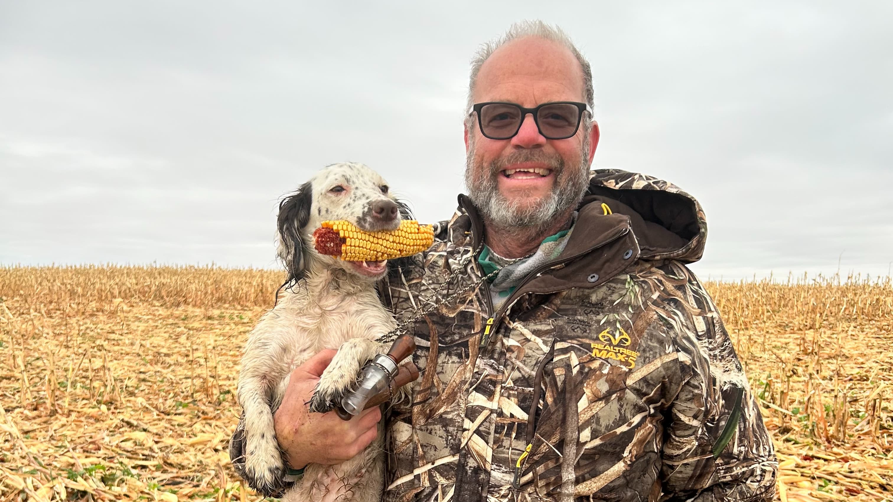 Man in camouflage holding English Setter with corn cob and duck call in a harvested field.