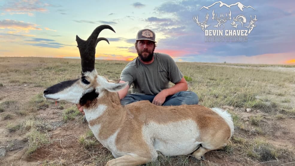 A man sits beside a pronghorn antelope in a field at sunset. The antelope has large, curved horns and light brown fur. The...