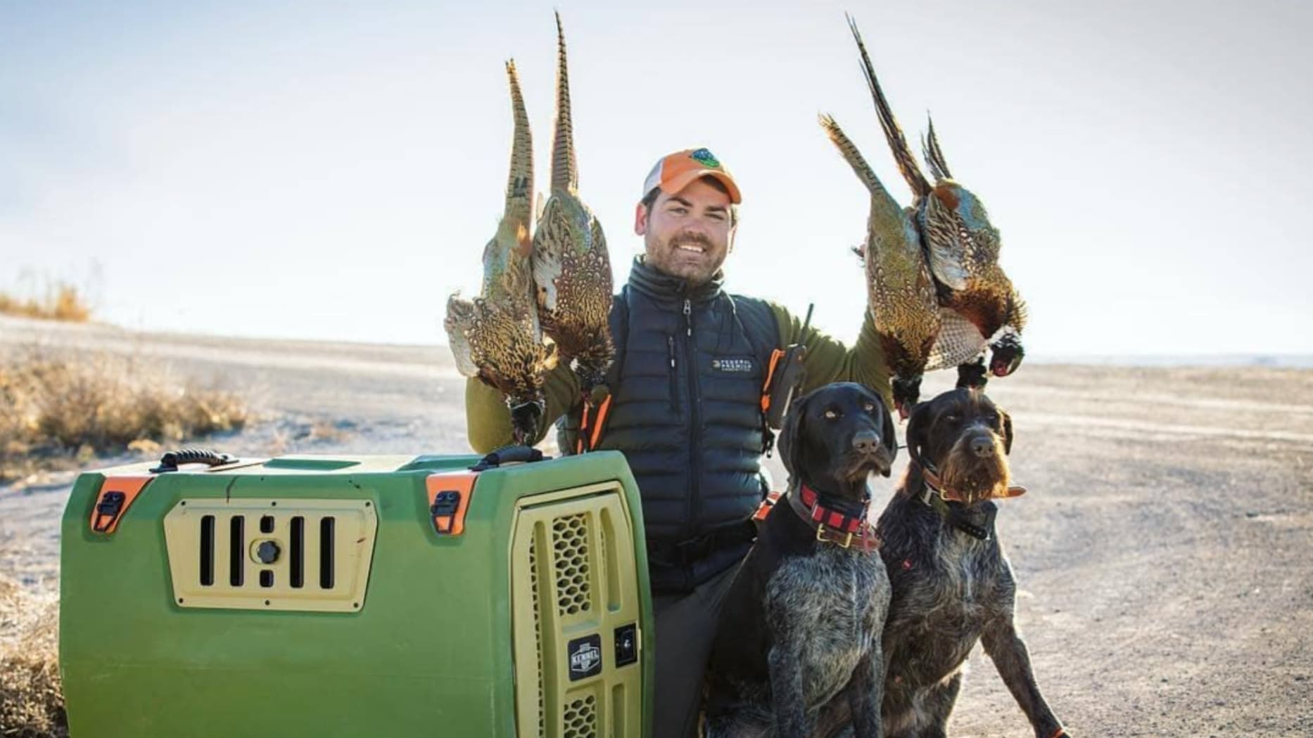 Man holding pheasants stands with two dogs, next to a green dog crate. All are on a road.