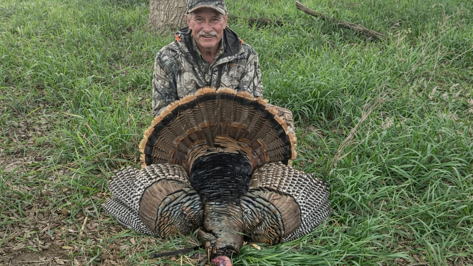 Hunter in camo with a large wild turkey. Turkey is fanned out in front of him, lying on grass. Man smiles at camera.