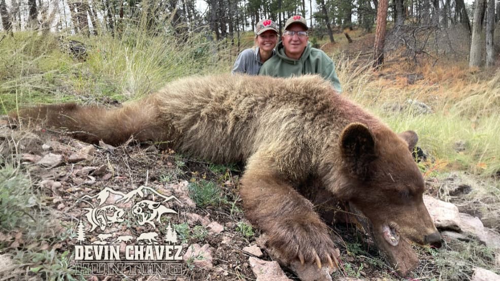 Brown bear lies on rocky ground with two people smiling behind it. Bear is large with dark fur and visible claws. Backgrou...