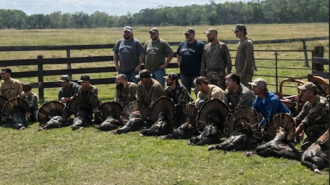 Group of men with harvested turkeys. Some men standing, others kneeling behind the birds. Green field and wooden fence in ...