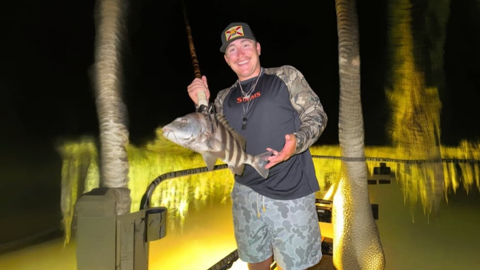 A man holding a striped fish at night, lit by yellow lights. He wears a hat, camo sleeves, and camo shorts. Palm trees are...