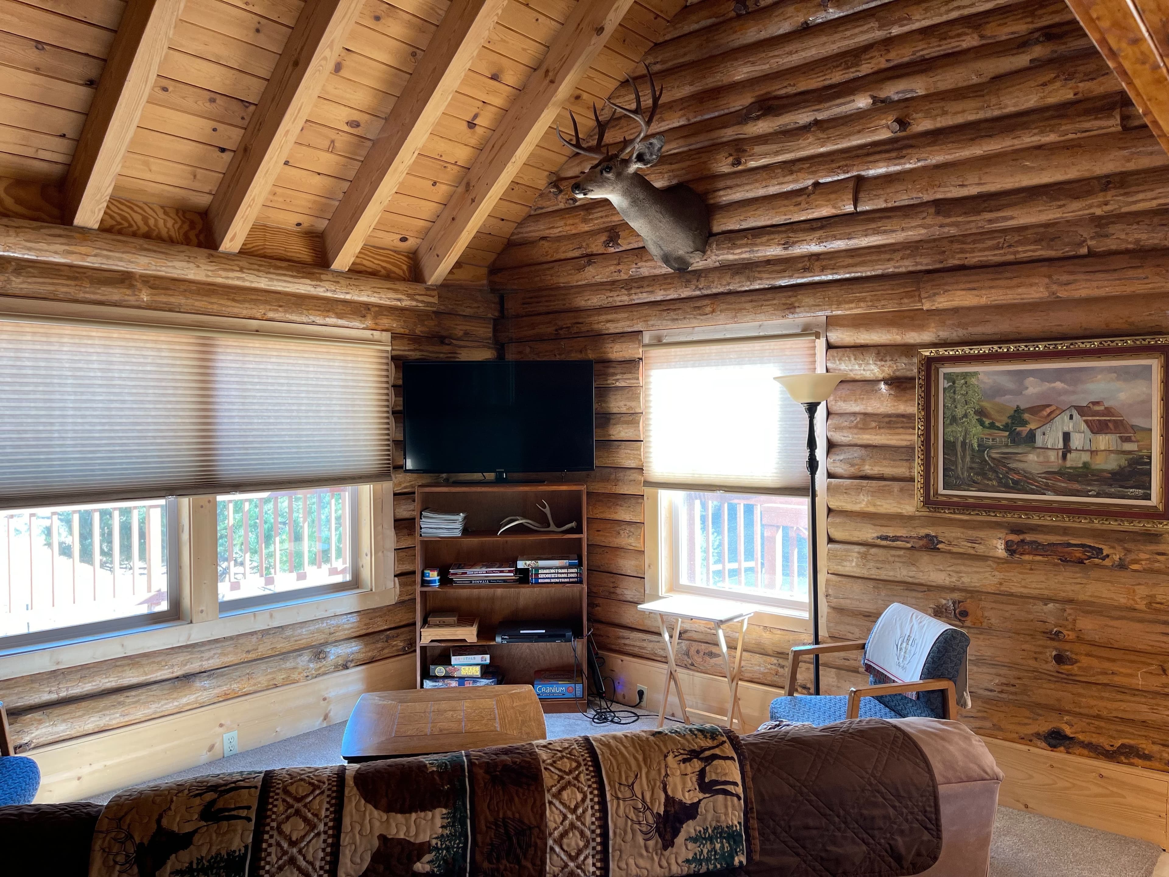 Log cabin interior with mounted deer head, TV, bookcase, windows, art, and patterned couch. Wooden beams and walls create ...