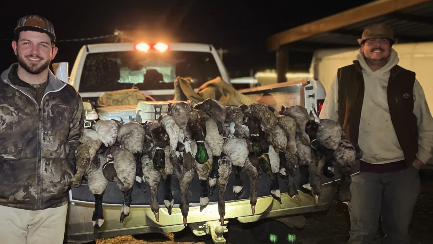 Two smiling hunters stand by a truck tailgating a large harvest of ducks and geese at night.