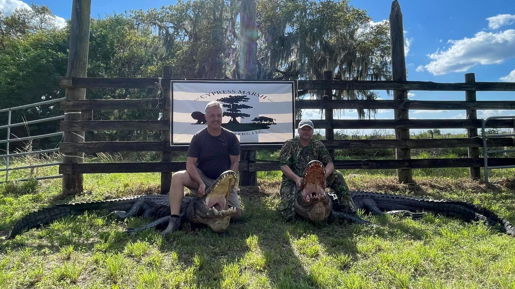 Two men pose with open-mouthed alligators. They sit near the reptiles on grass by a wooden fence with a Cypress Marsh sign...