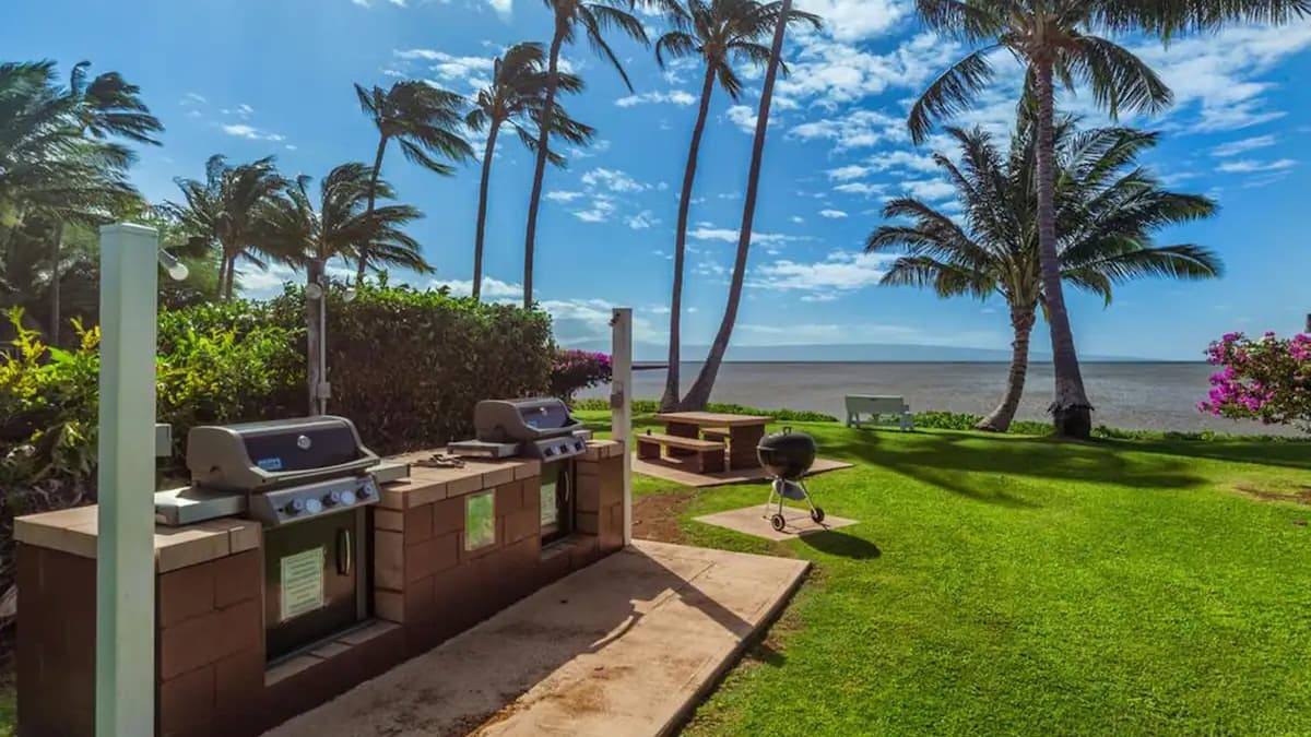 Outdoor BBQ area. Two built-in grills, a picnic table, and a charcoal grill on green grass. Palm trees, ocean, and blue sky.