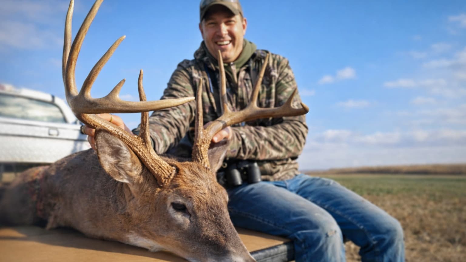 Smiling man in camo holds deer antlers. Deer lies on tailgate, background of sky and field. Binoculars visible.