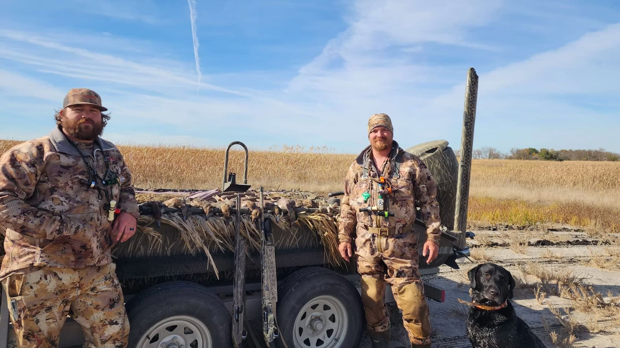 Two hunters in camouflage stand next to a duck blind trailer with a black lab, guns, and harvested ducks.