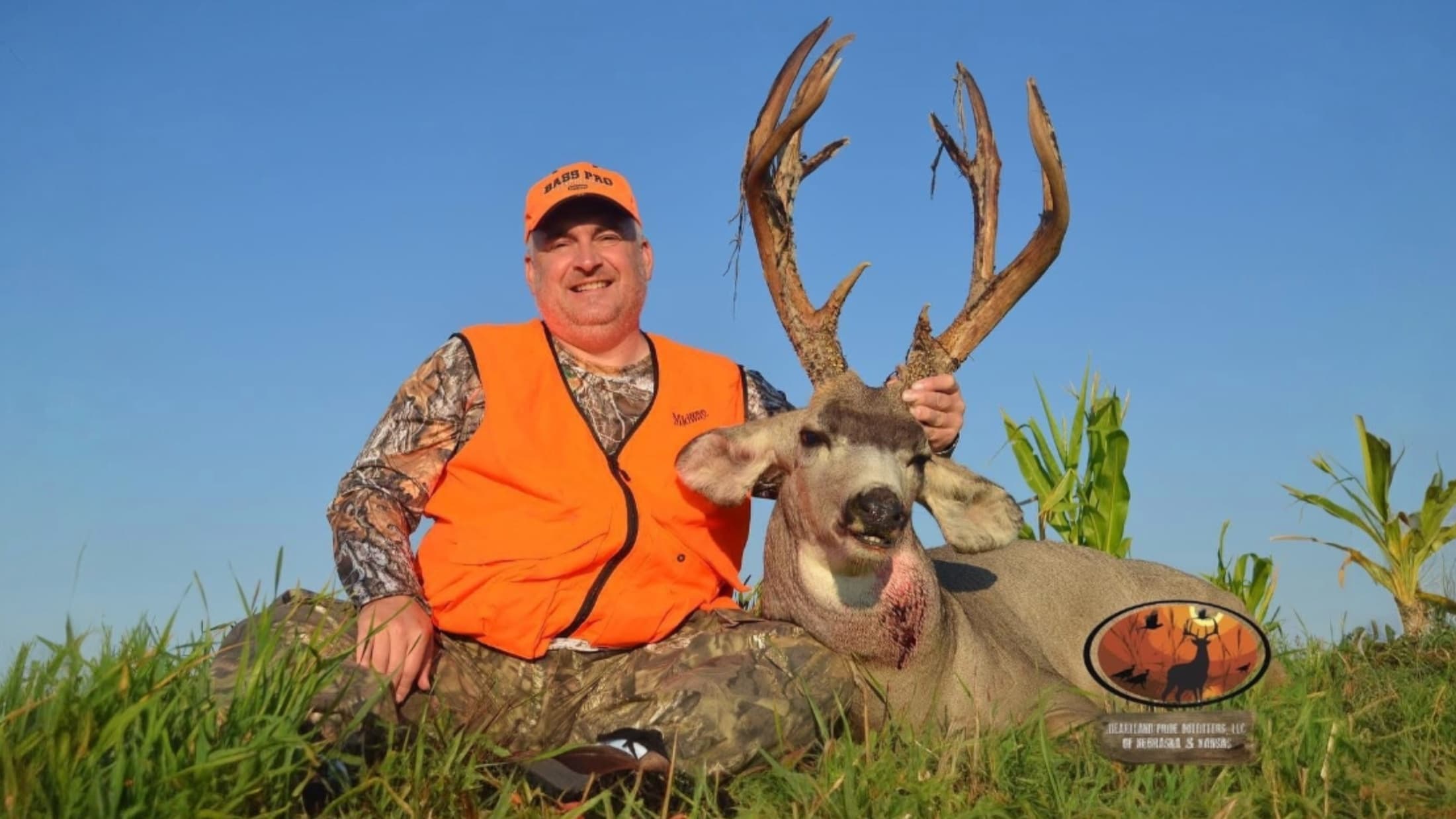 Man in orange vest and cap smiles, kneeling next to a large deer with impressive antlers. Deer lies on grass. Blue sky.