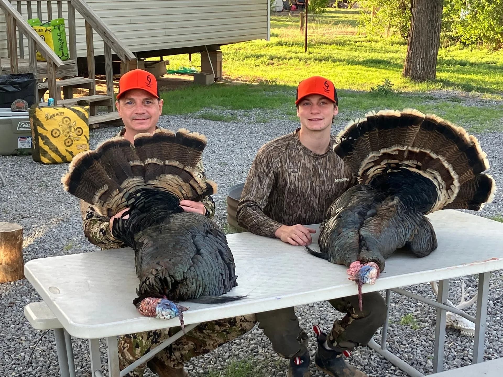 Two men with turkeys sit at a table, both wearing orange hats. Turkeys have large fanned tail feathers, lying on the table.
