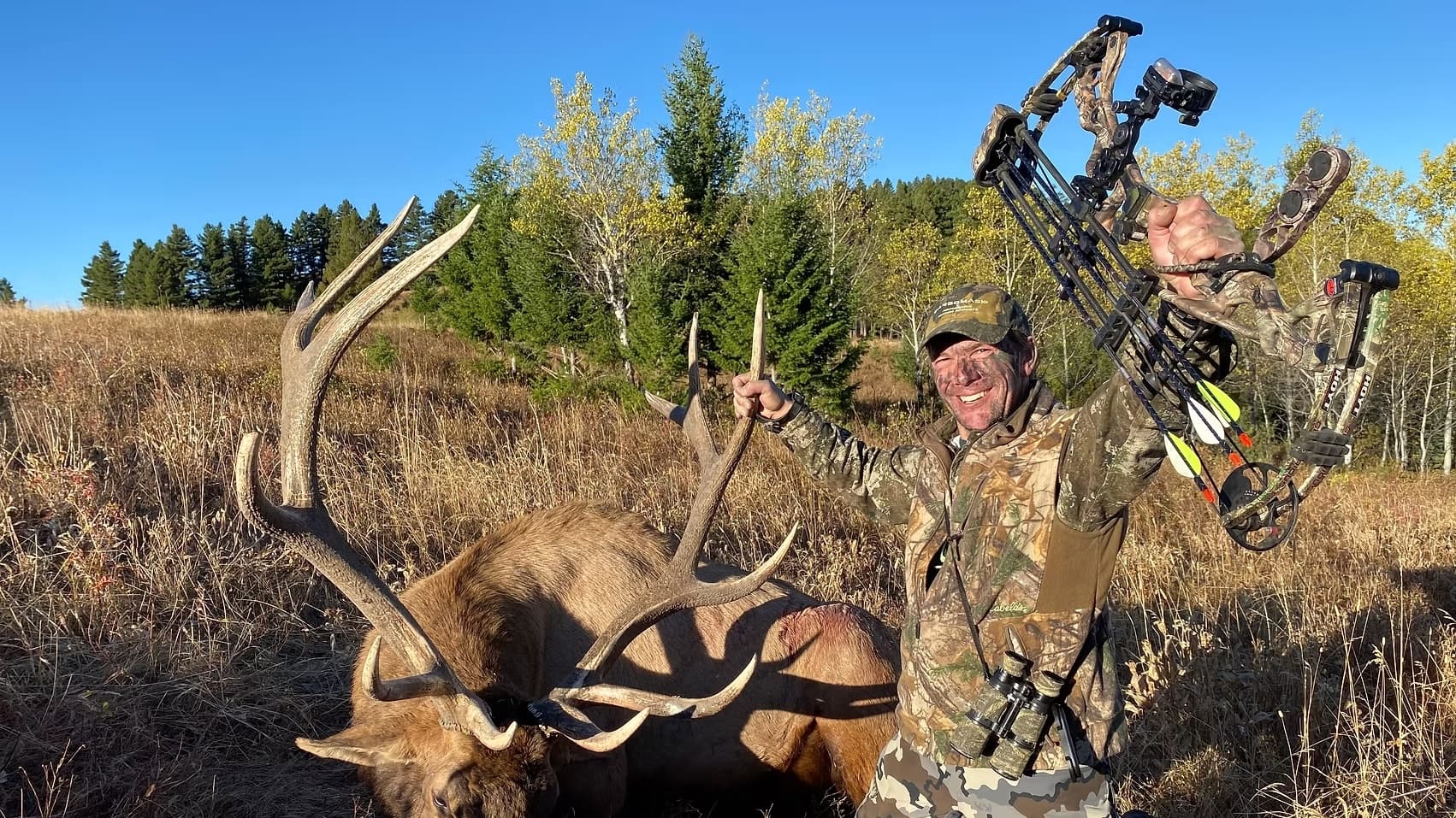 Hunter with camouflage gear and bow proudly displays large elk with impressive antlers.