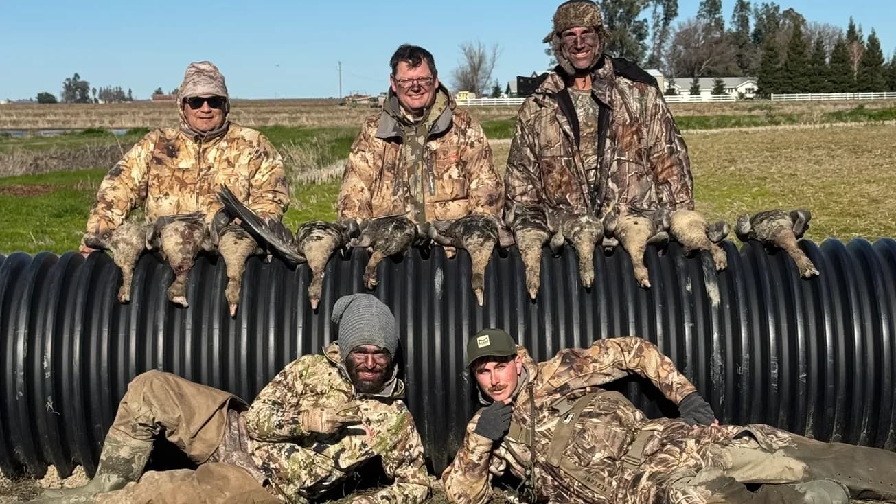 Five men in camouflage, smiling, pose with harvested ducks on a culvert in a field. Clear, sunny day.