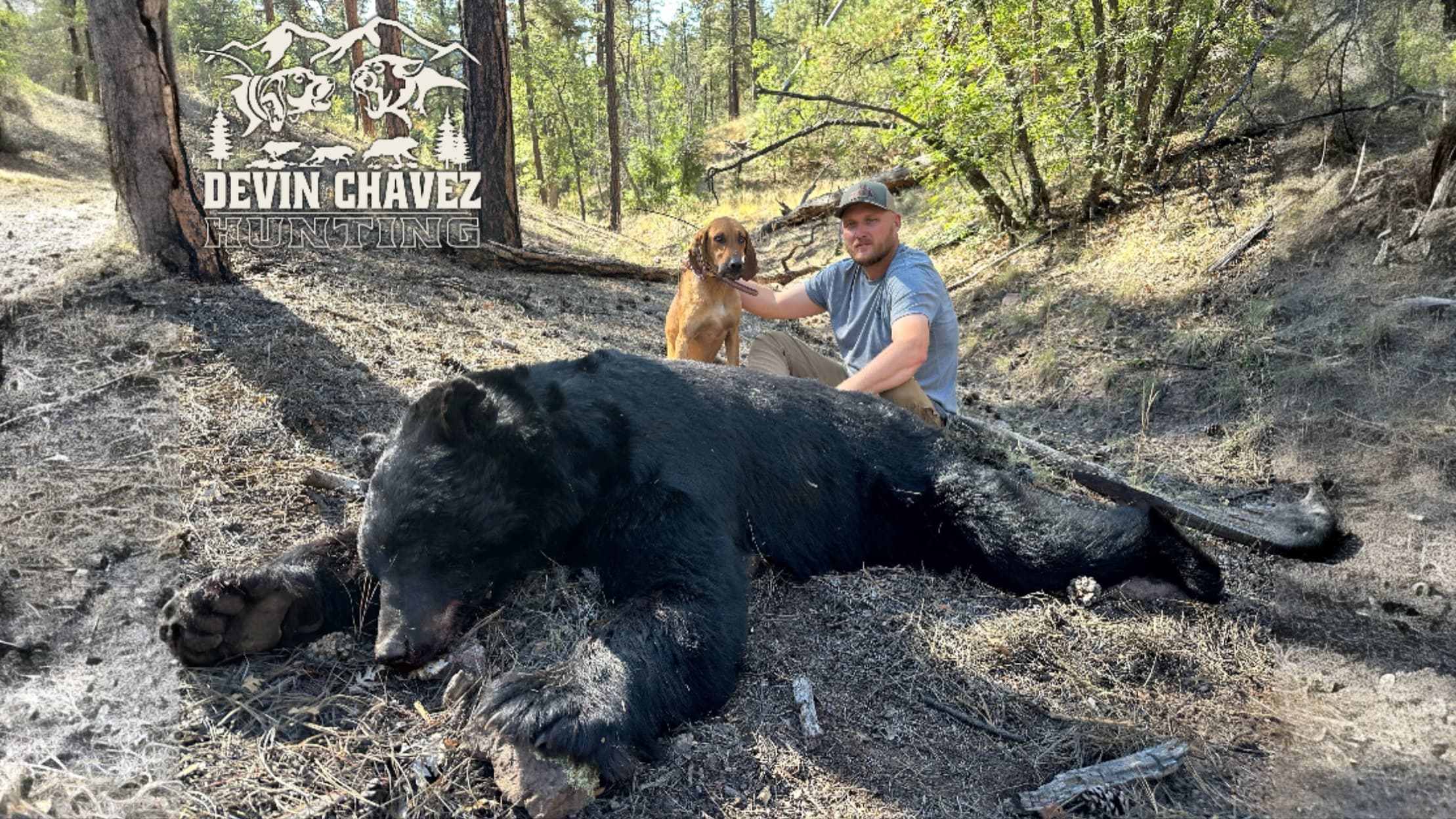 Man, dog, and large black bear lying on ground in forest setting. Man sits with dog, next to the bear. "Devin Chavez Hunti...