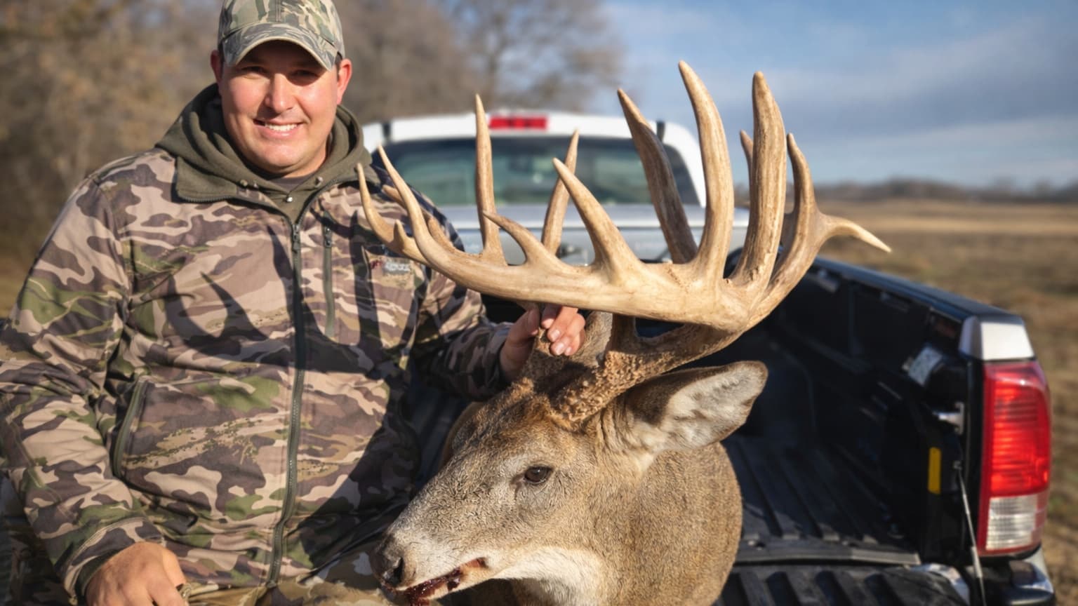 Man in camo next to a large-antlered deer in the bed of a truck, smiling at the camera. Field and sky background.
