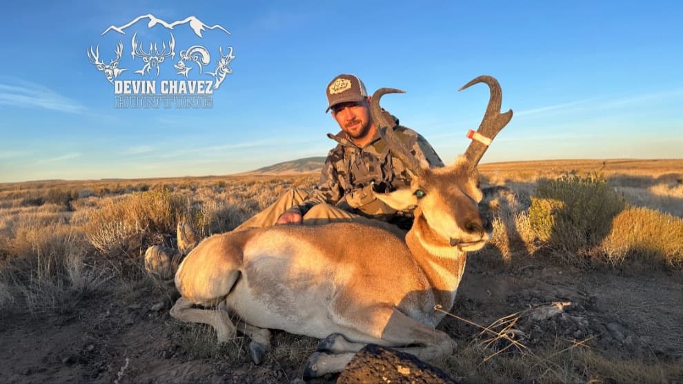 Man sitting next to a pronghorn antelope on a dry, open field. Pronghorn has large horns with a red tag. Clear, blue sky.