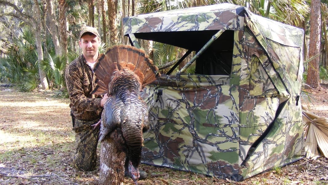 Hunter holds large turkey with fanned tail next to a camouflage hunting blind in a wooded area.