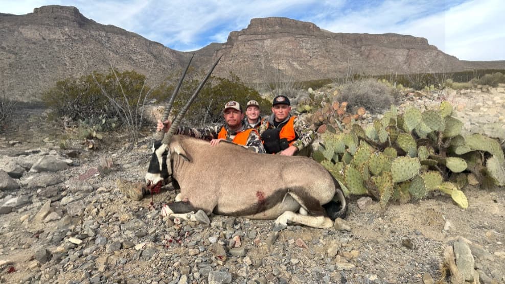 Three hunters pose with a dead Oryx in a rocky desert landscape. The animal lies on the ground; mountains are in the backg...