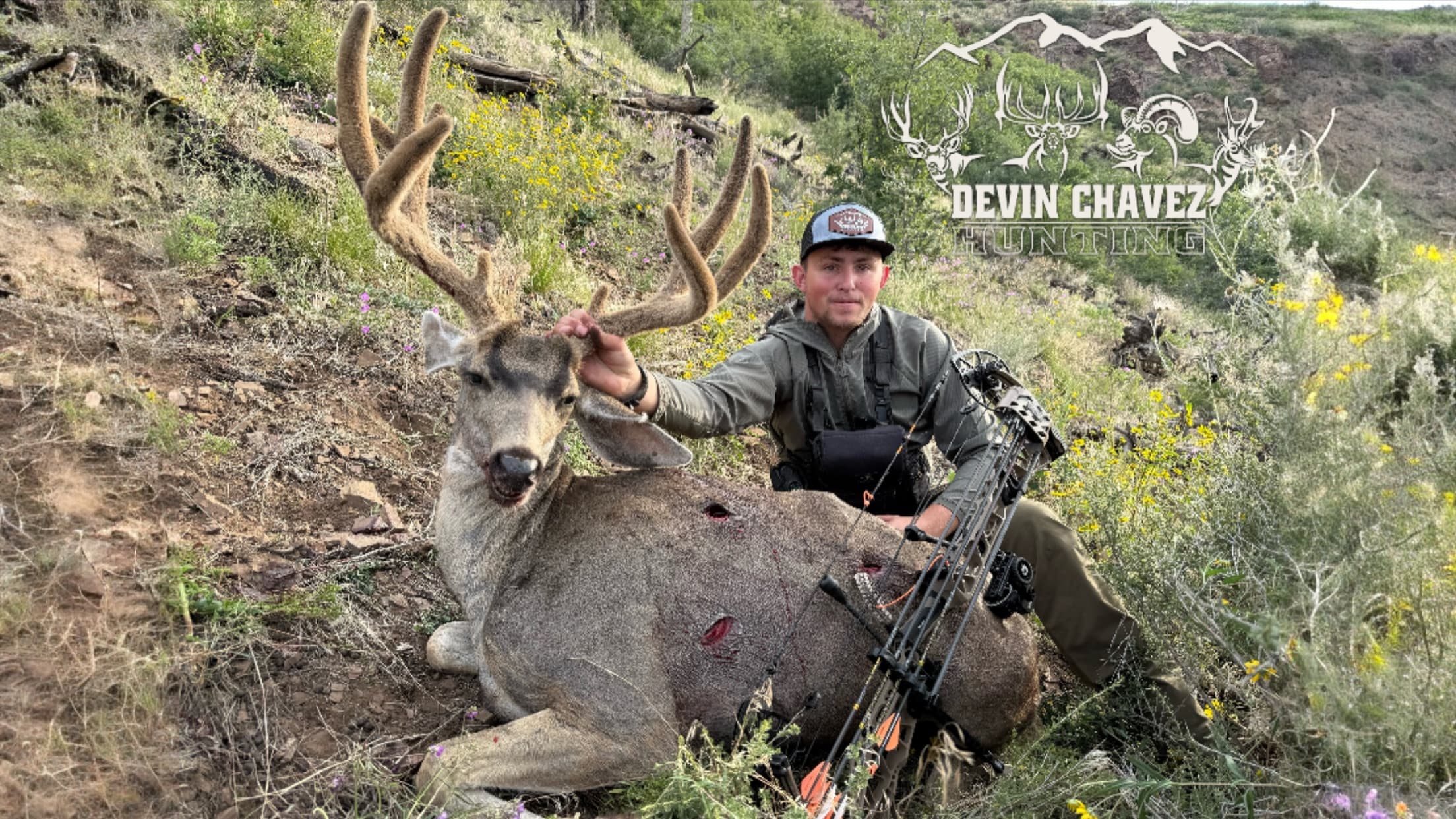 Hunter with a large buck. The buck has large antlers and appears to have been shot. Hunter is holding the buck's head. Bow...