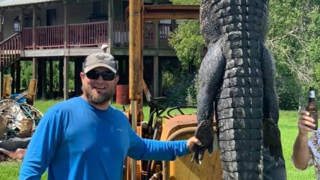 Man in sunglasses and hat posing with large alligator. Person holds beer bottle. House and tractor in the background.