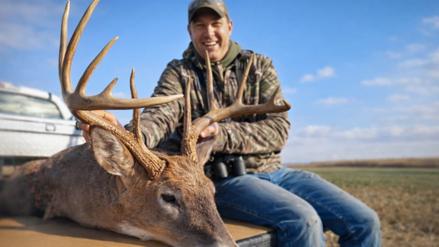 Smiling hunter in camo gear with a buck laying on the tailgate. Hunter holds antlers. Blue sky, open field background.