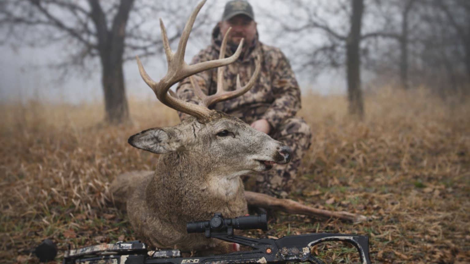 Dead deer with large antlers lies on the ground, hunter in camouflage kneels behind. A crossbow rests on the ground in the...