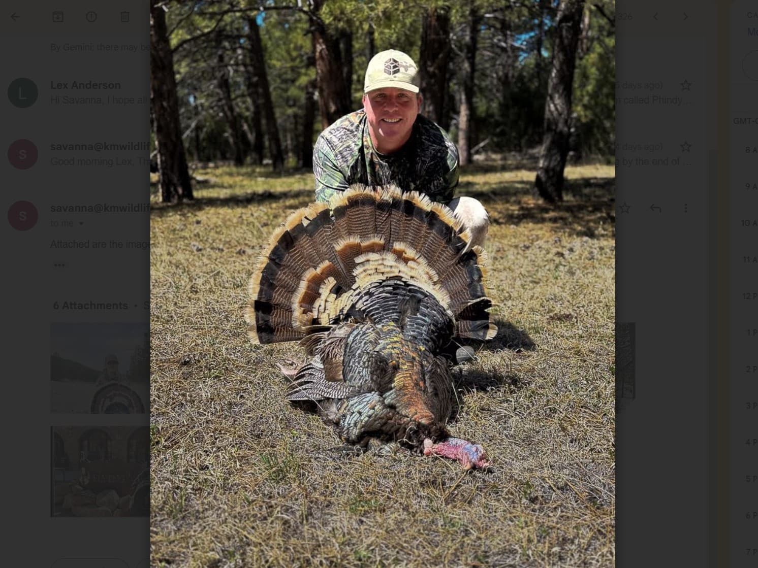 Man kneeling with a large turkey on the ground. The turkey has fanned tail feathers, man is smiling, in a forest setting.