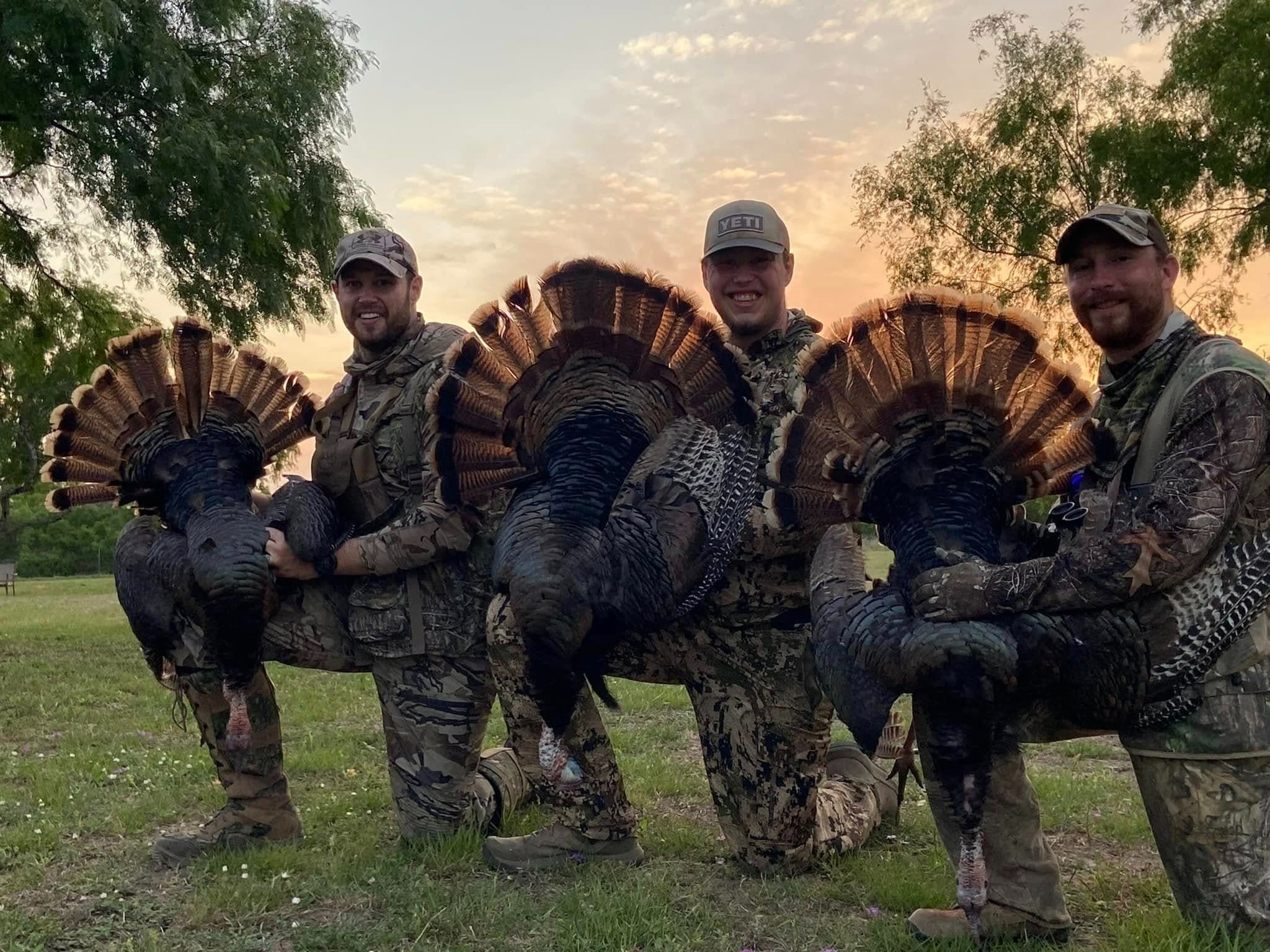 Four men in camouflage holding turkeys with fanned feathers, kneeling in a field at sunset. Each man smiles at the camera.